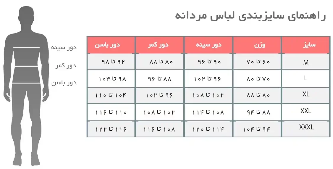 جدول سایزبندی لباس ورزشی مردانه